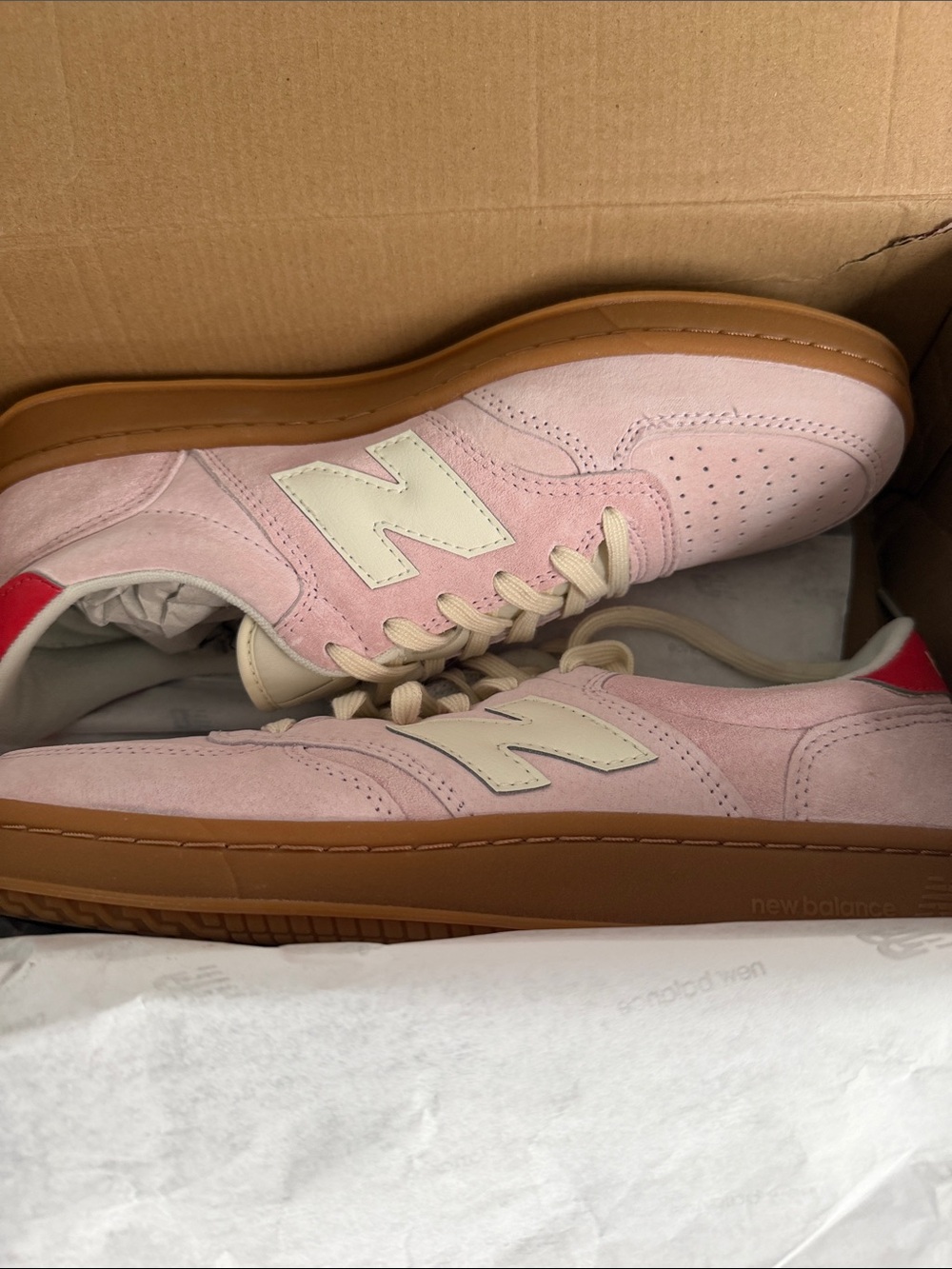 New Balance Men’s Pink Suede Sneakers with Cream Logo and Gum Sole